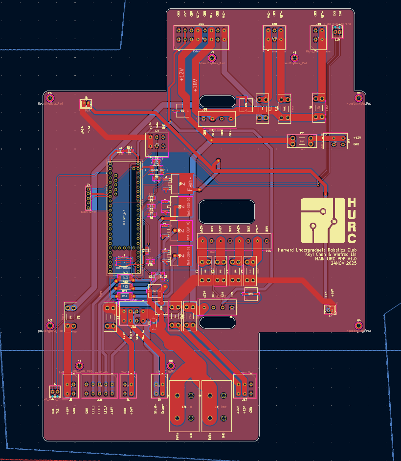 KiCad PCB layout of the Main PDB v1.0, with high-current nets as copper pours.